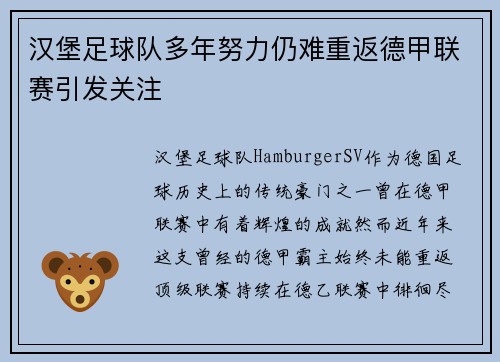 汉堡足球队多年努力仍难重返德甲联赛引发关注